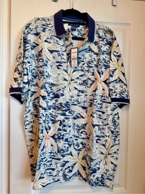 Izod Navy-Trim Blue & Cream Tropical Floral Polo